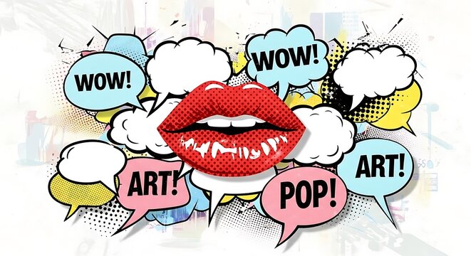 Pop Art Lips with Speech Bubbles and Bold Text.