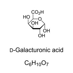 D-Galacturonic acid, chemical formula and structure. D-Galacturonopyranose, sugar acid and oxidized form of D-galactose. Main component of pectin, in which it exists as polymer polygalacturonic acid.