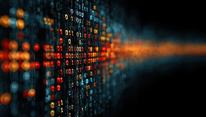 Digital binary code stream with glowing bokeh