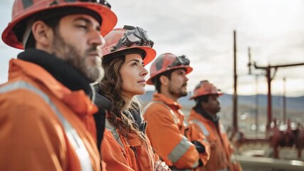 Resilient Minds, Strong Team: A dedicated team of workers in protective gear stands tall, their gaze fixed on a shared goal, embodying the spirit of perseverance and collaboration.