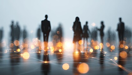 Blurred silhouettes of people walking, digital network