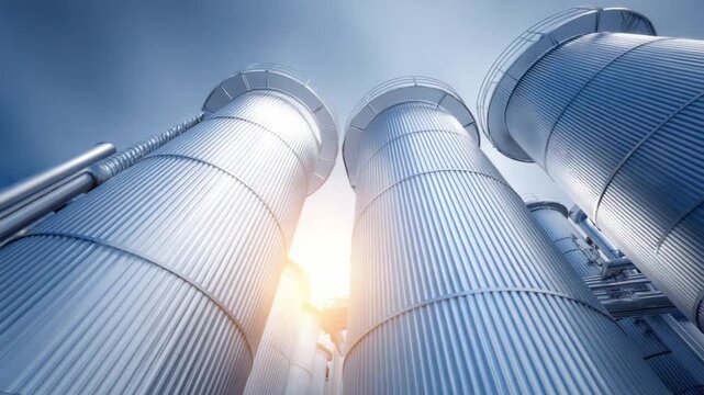 Industrial Tanks under Cloudy Skies: a view capturing the imposing industrial tanks that stand tall against the backdrop of a partly cloudy sky. The metallic structures.