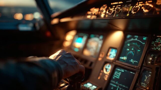 Cockpit: A close-up view of a hand skillfully maneuvering the control in the cockpit, a symbol of human mastery of technology, captured in the soft glow of instrumentation panel.