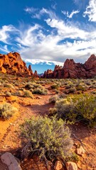 Obraz premium Red rock formations under a vibrant blue sky with white, fluffy clouds