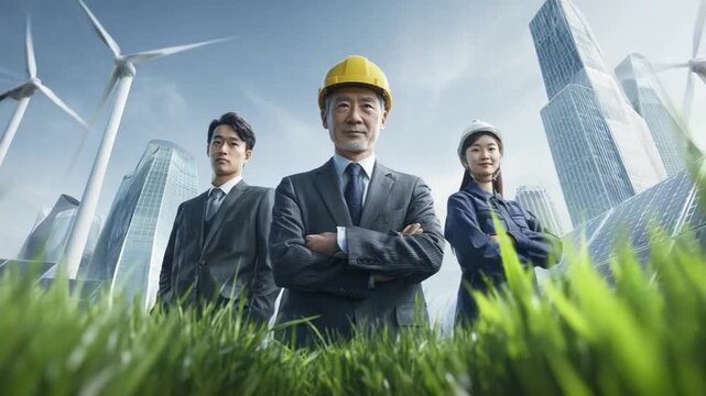 Sustainable Visionaries: A team of engineers stands confidently amidst a vibrant green landscape, against a backdrop of wind turbines and modern architecture.