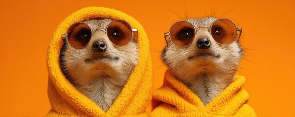 Two meerkats in orange hoodies and sunglasses against an orange background