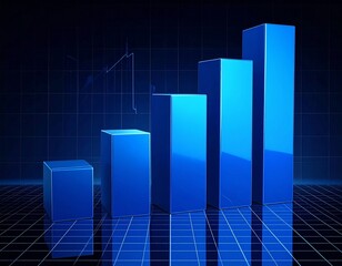 Glossy blue 3D bar chart with increasing vertical bars on reflective grid and dark data-themed background for editorial business analytics economic growth and futuristic performance visualization-them