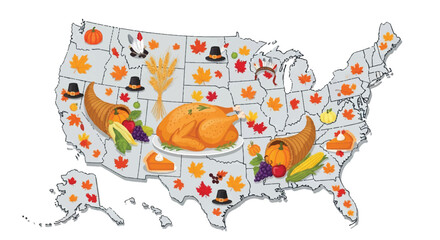 Flat vector illustration of a Thanksgiving-themed map of the United States with various autumnal icons and food items on a white background.