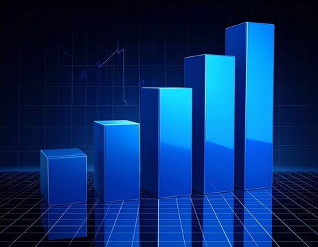 Glossy blue 3D bar chart with increasing vertical bars on reflective grid and dark data-themed background for editorial business analytics economic growth and futuristic performance visualization-them