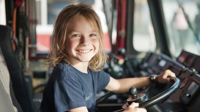 Future Hero: A young boy at the helm of a fire engine, his face alight with a dream, embracing the possibilities of the future.