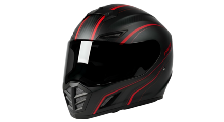 Matte black motorcycle helmet with red stripes and tinted visor