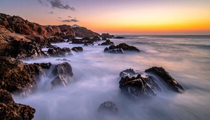 Obraz premium Coastal Rocky Shoreline At Sunset With Soft Ocean Waves and Orange Sky Over Calm Sea