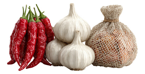 Fresh Red Chili Peppers and Garlic Bulbs on Transparent Background