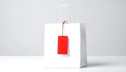 A clean, minimalist studio shot featuring a white paper shopping bag with a red tag tied with red string. It rests on a white surface against a gray backdrop