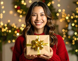 Smiling woman holds a gift in front of a bokeh Christmas background