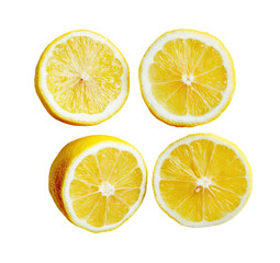 Obraz premium Four halved lemons, arranged in a square pattern. Bright yellow citrus fruits, showcasing the interior white pith and seeds