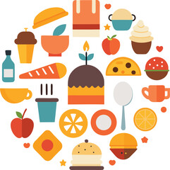 A vibrant circular collage of various food items and desserts including cakes cupcakes tacos and fruits creating a festive and delicious culinary arrangement