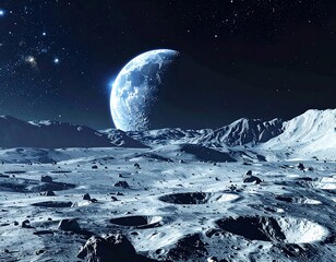 Planetary view of Earth in space. Cratered moon surface. Stars sparkle