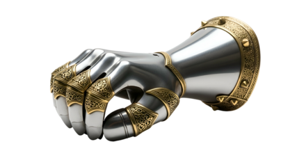 Ornate metal gauntlet fist clenched, detailed gold trim