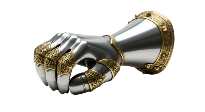 Ornate metal gauntlet fist clenched, detailed gold trim