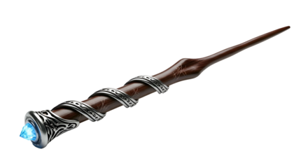 Elegant wand, brown wood, silver detail, glowing blue gem on handle