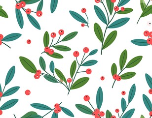 A cheerful, repeating pattern on a white background. Branches feature glossy green leaves and vibrant red berries, creating a festive and natural feel