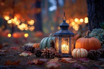 Autumnal lantern in a forest setting