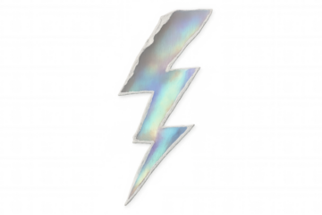 Holographic lightning bolt sticker, torn paper effect, isolated on transparent background, symbolizing power and energy