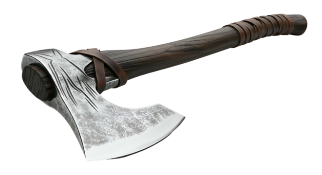 Battle-ready axe with a leather-wrapped handle and etched steel head