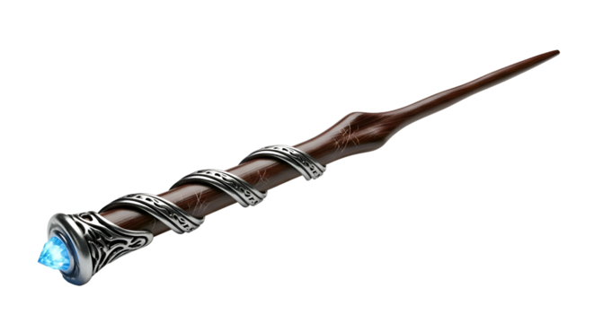 Elegant wand, brown wood, silver detail, glowing blue gem on handle
