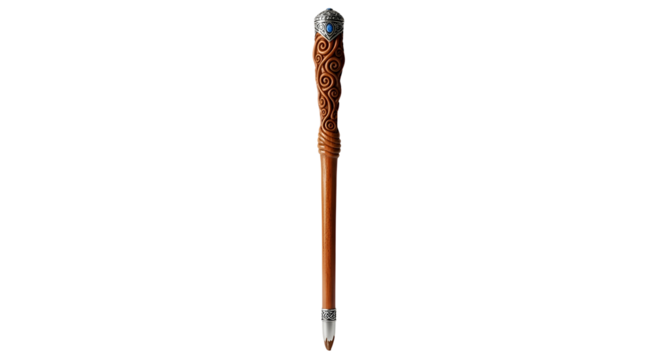 Ornate wooden staff with carving and blue jewel on dark background