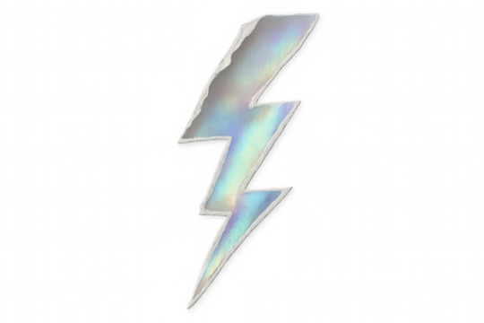 Holographic lightning bolt sticker, torn paper effect, isolated on transparent background, symbolizing power and energy - Powered by Adobe