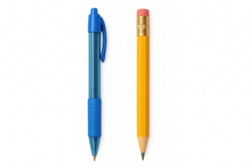 Blue ballpoint pen and yellow pencil for writing, drawing, and education, featuring transparent background