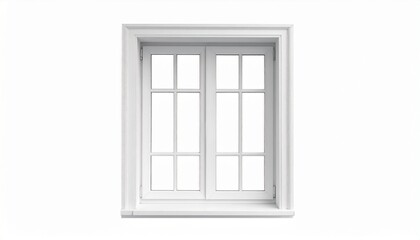 White-framed double casement window with symmetrical twelve-pane design set against plain white background for editorial architecture interior design and home improvement-themed visuals