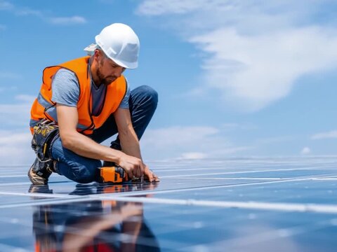 Solar Panel Installation: A skilled technician, clad in safety gear, meticulously installs solar panels on a rooftop, harnessing the power of the sun for a sustainable future.