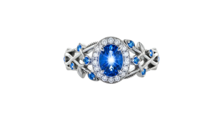 Silver ring with blue oval gemstone and white accent stones