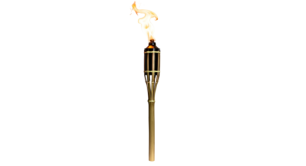Lit tiki torch with a bright, flickering flame on black