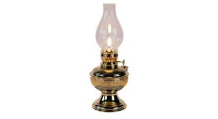 Shiny ornate golden oil lamp with glass chimney on black background