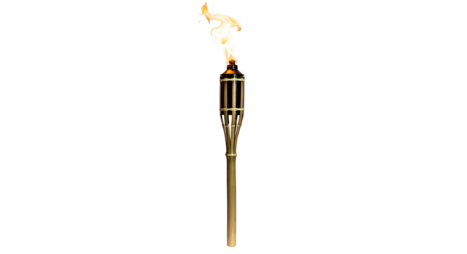 Lit tiki torch with a bright, flickering flame on black