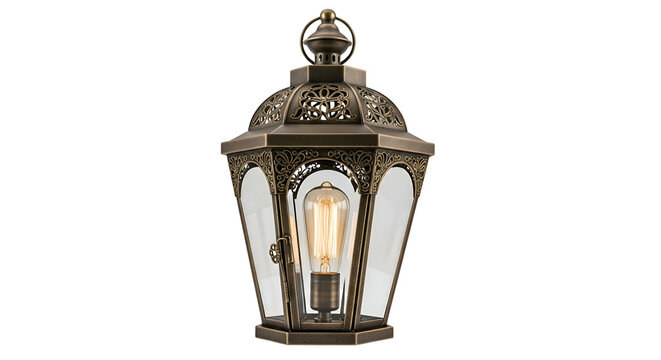 Ornate, aged metal outdoor lantern with warm Edison bulb glow