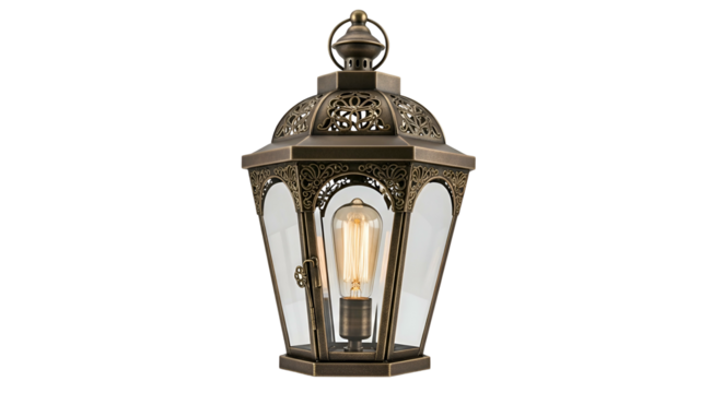 Ornate, aged metal outdoor lantern with warm Edison bulb glow