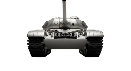 Front view of a gray military tank against a black background