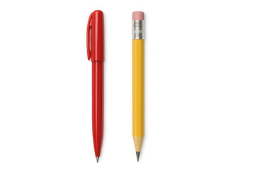 Red ballpoint pen and yellow wooden pencil with eraser, stationery for writing, drawing, and office supplies