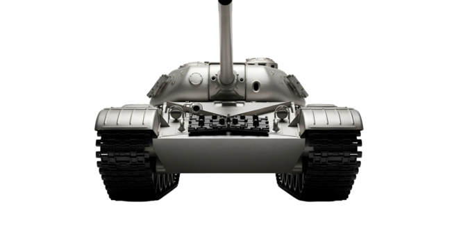 Front view of a gray military tank against a black background