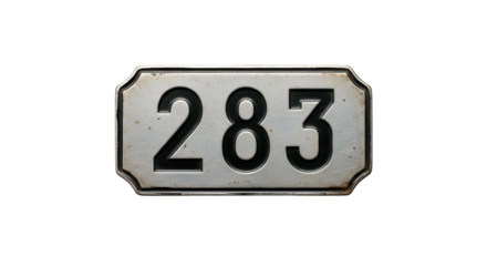 Aged sign, "283," metal, with raised numbers, on black background