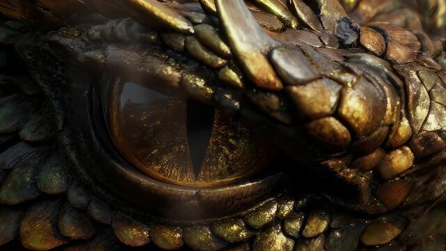 Close-up of a creature's eye and scales, showing detail and texture with golden and dark tones
