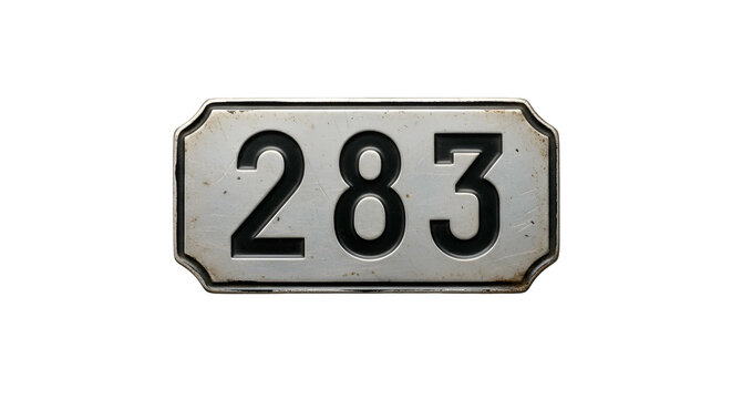 Aged sign, "283," metal, with raised numbers, on black background