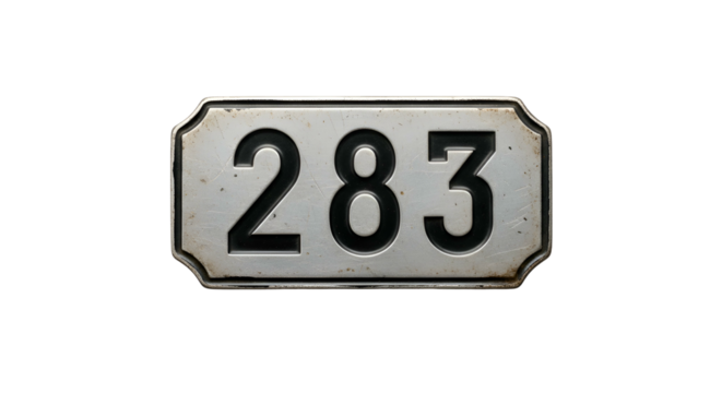 Aged sign, "283," metal, with raised numbers, on black background - Powered by Adobe