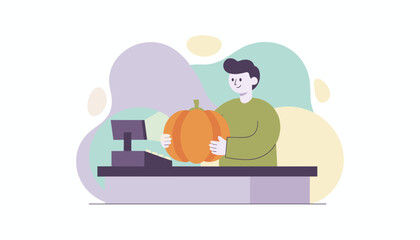 Man purchasing a pumpkin at a store checkout Seasonal autumn harvest