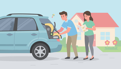 Couple struggling to install a baby car seat into their SUV following instructions for family safety